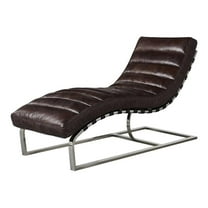 Pemberly Row Channeled Leather & Steel Chaise Lounge in Dark Brown