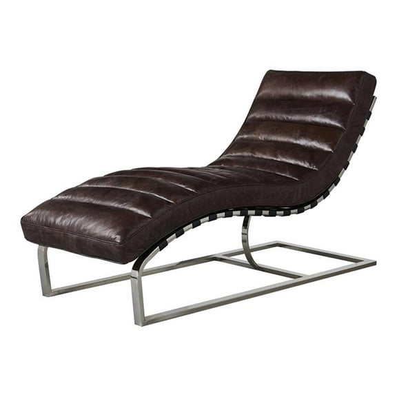 Pemberly Row Channeled Leather & Steel Chaise Lounge in Dark Brown