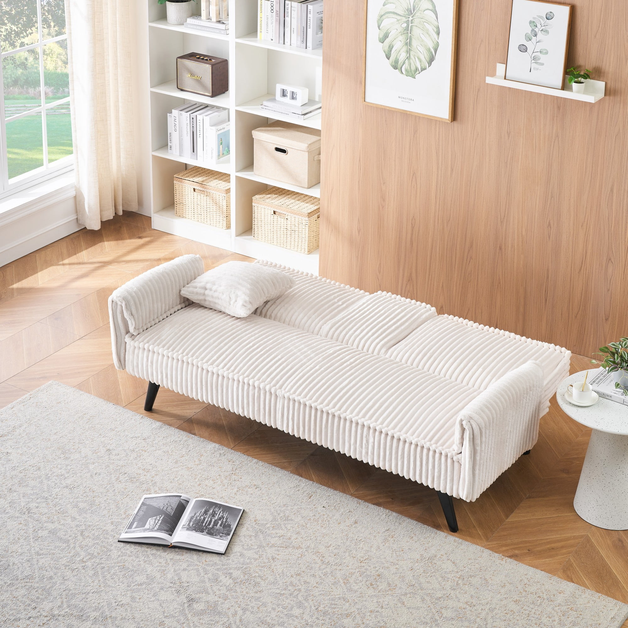 Gewnee 3-Seat Convertible Sleeper Sofa, 72" Corduroy Sofa Bed with Retractable Cup Holders, 3-Position Adjustable Backrest for Living Room Bedroom， White