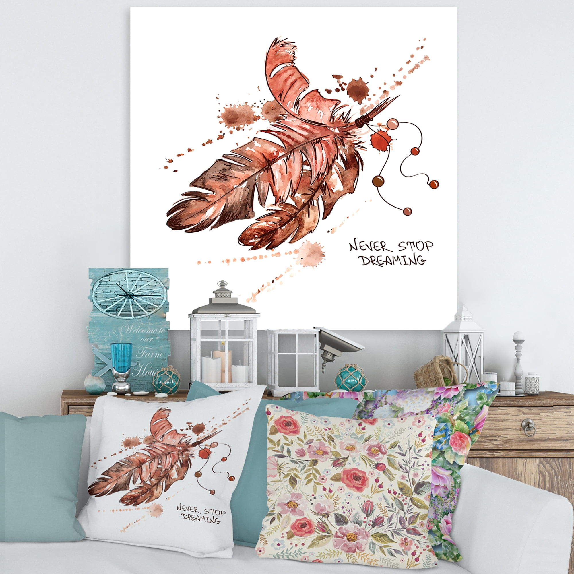 Designart ' Bird Feathers In Earth Tones Never Stop Dreaming ' Bohemian & Eclectic Canvas Wall Art Print