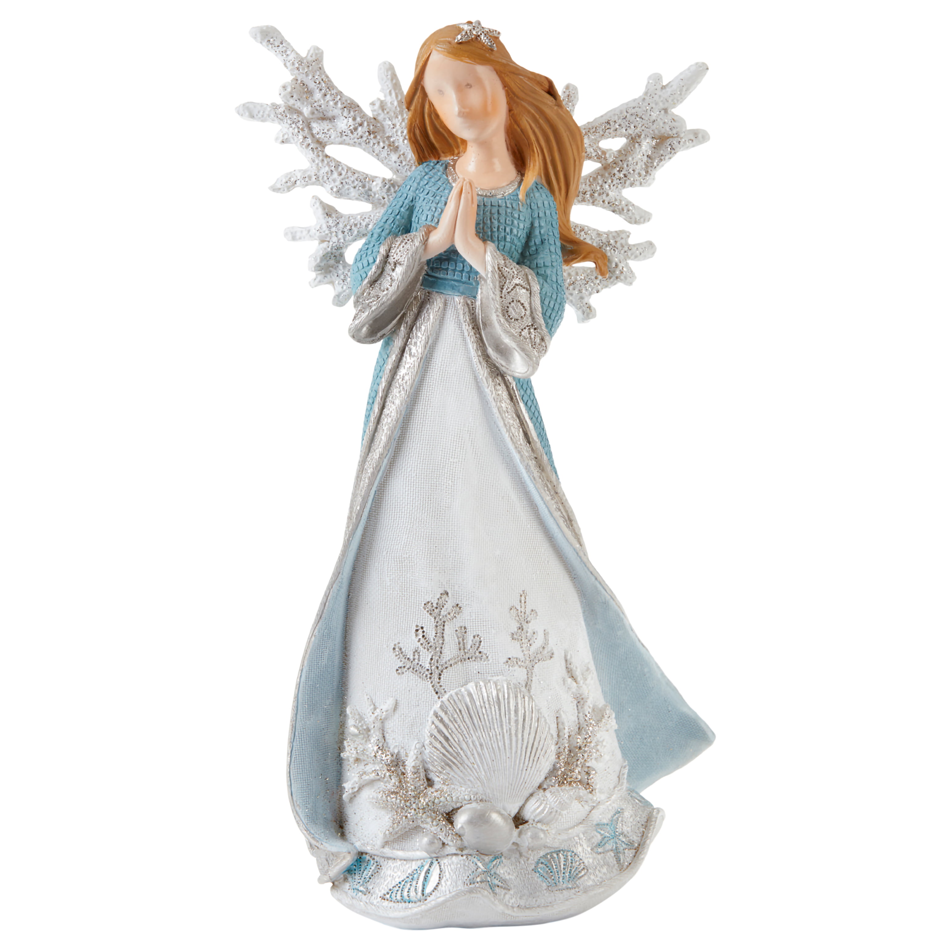 Coastal Silvertone Blue Praying Angel 9 x 5 Resin Decorative Tabletop Figurine 