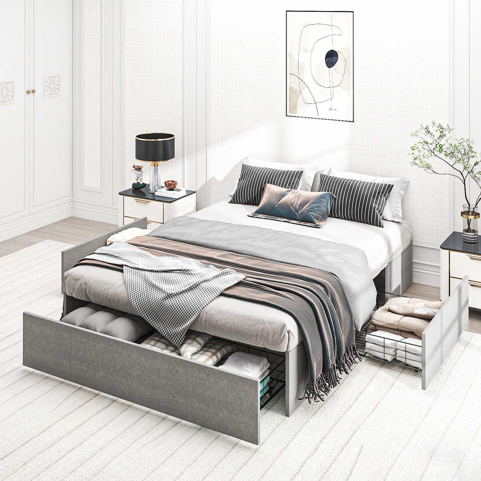 Ktaxon Full Size Bed Frame, Gray, with 3 Drawers Storage, Wood