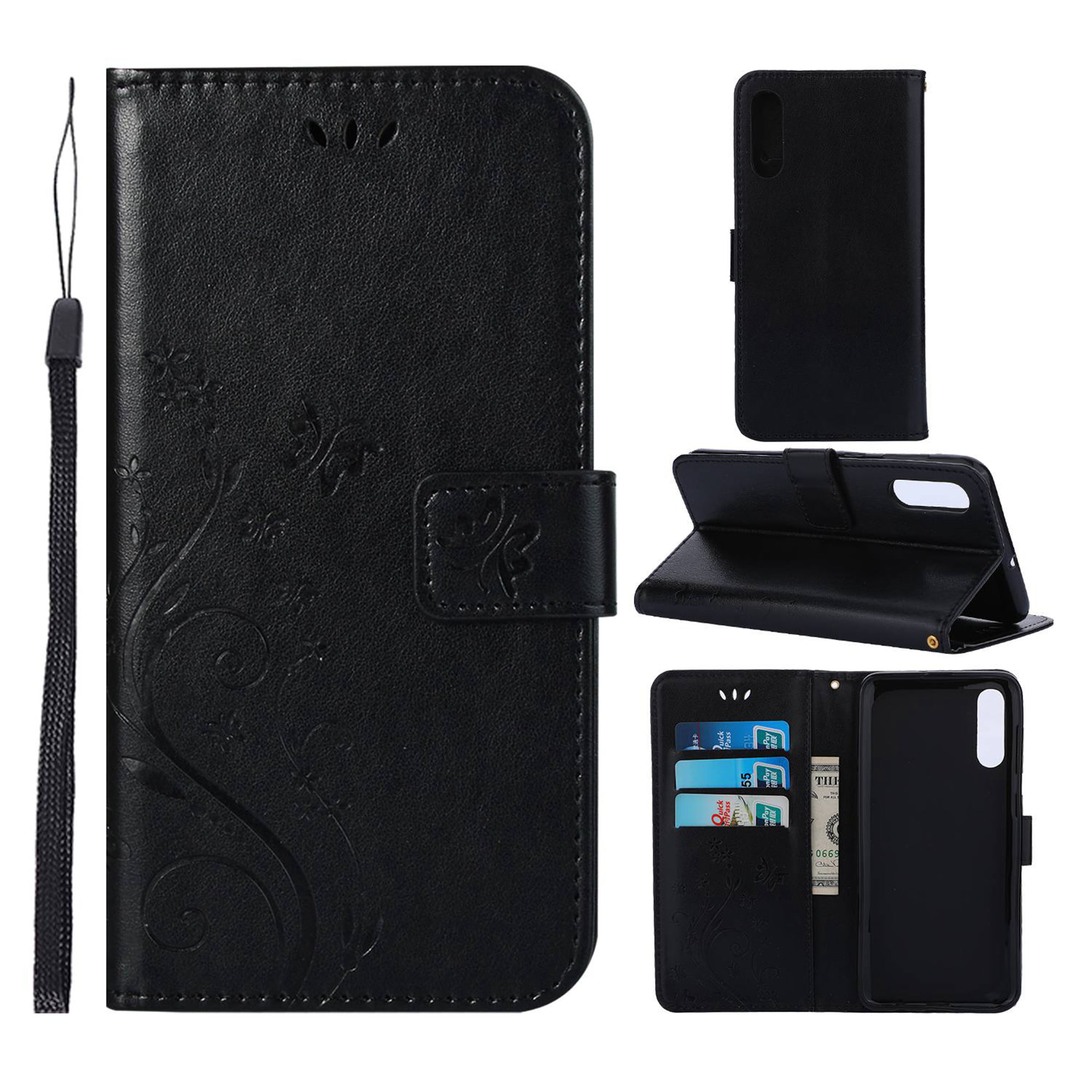 Stylish Flip Wallet Case for Samsung Galaxy A50,Lace Pattern PU Leather Case for Samsung Galaxy A50,Moiky Black Lace Hollow Case with Wrist Strap Shockproof Magnetic Closure Protection