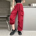 thumbnail image 3 of Gibobby Pantalones de mezclilla tipo cargo para mujer Pantalones cargo sueltos de calle con cintura elástica diaria para mujer Pantalones con bolsillos(Rojo,XL), 3 of 5