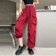 thumbnail image 3 of Gibobby Pantalones de mezclilla tipo cargo para mujer Pantalones cargo sueltos de calle con cintura elástica diaria para mujer Pantalones con bolsillos(Rojo,G), 3 of 5