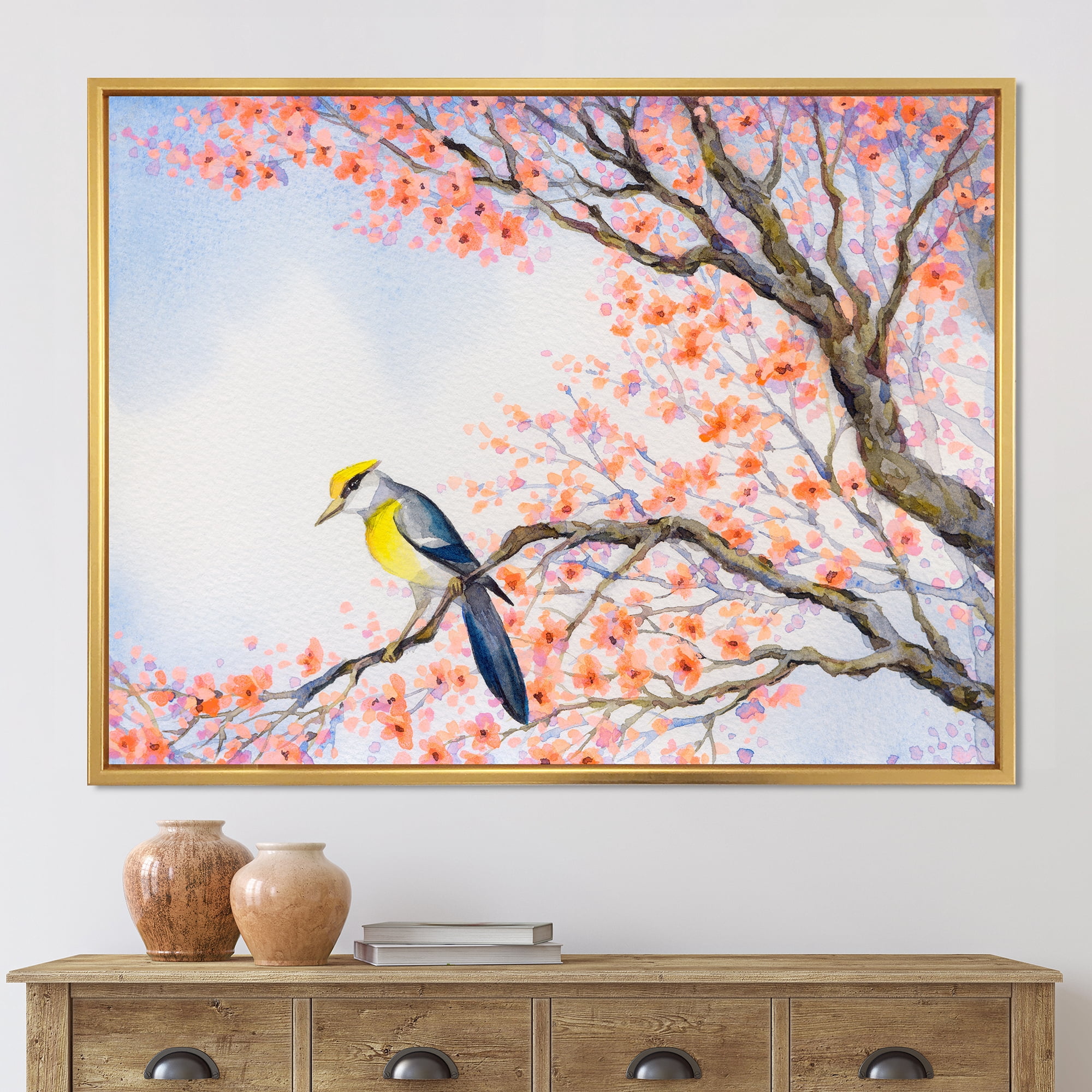 Designart 'Beautiful Blue Bird Sitting On Flowering Branch I' Traditional Framed Canvas Wall Art Print