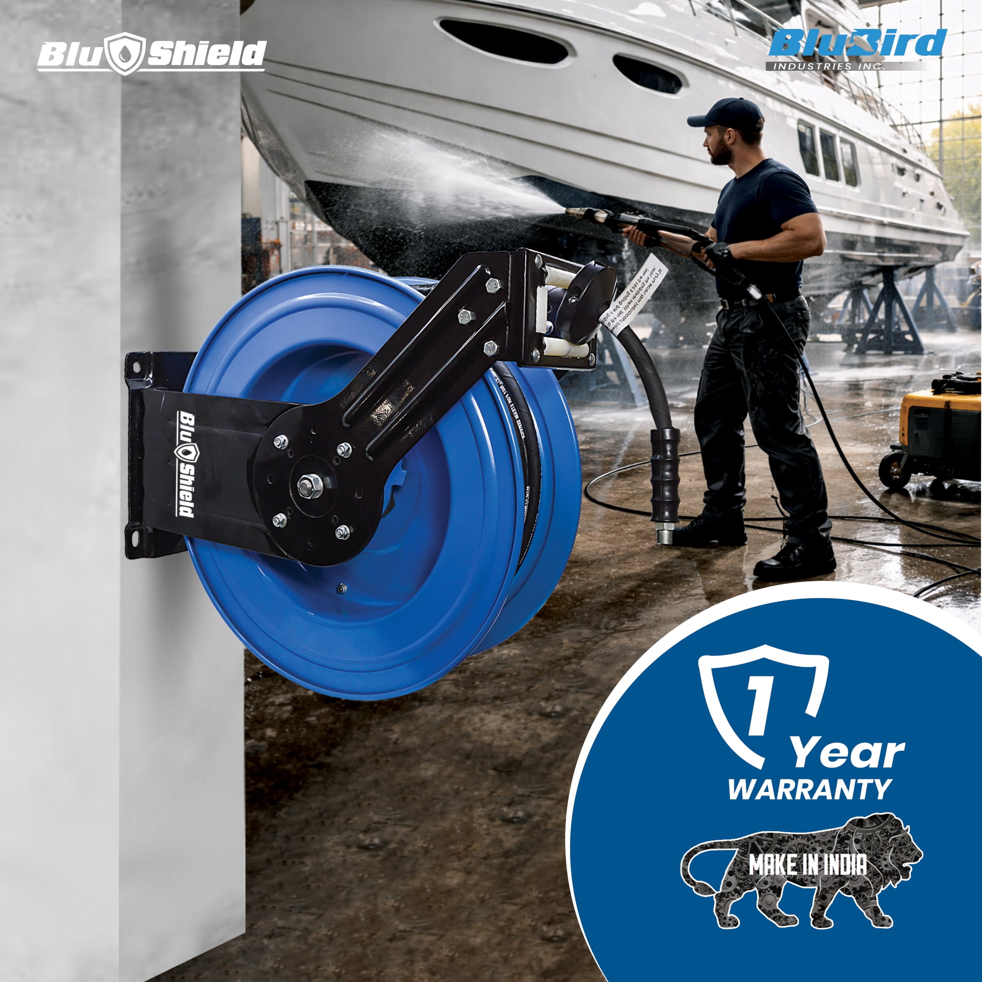 BluShield 1/4" Pressure Washer Dual Arm Hose Reel with 35% Lighter Polyester Braided Hose - Hot and Cold Water, 1 Year Warranty, 3100 PSI, M22 (1/4" x 100')