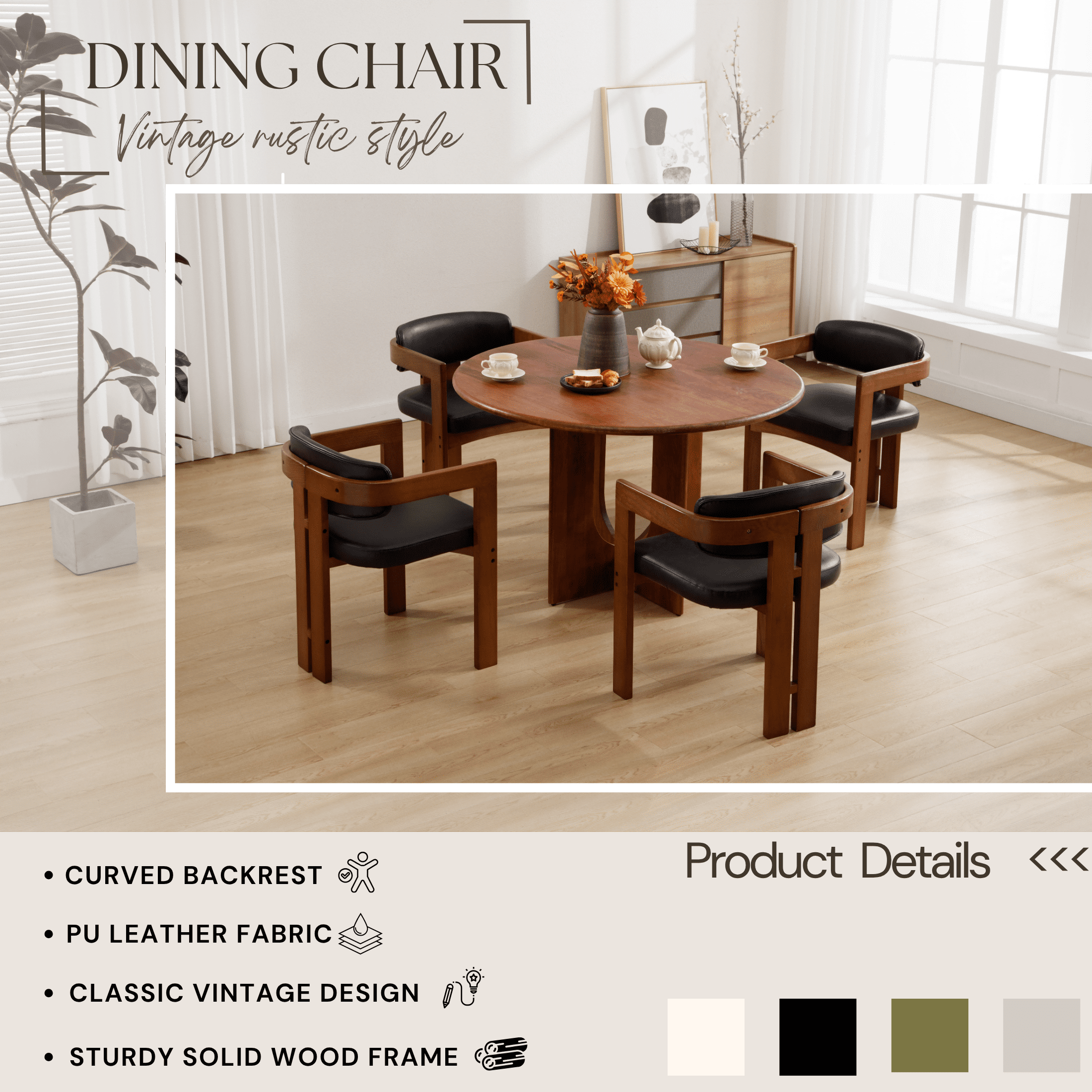 Guyou PU Leather Dining Chairs - Set of 4, 24" Wide Barrel Back Armchairs for Dining Room & Kitchen, Modern Curved Back Chairs with Black Wood Frame, Black