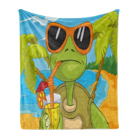 Turtle Soft Flannel Fleece Throw Blanket, Cool Sea Animal Sunglasses Drinking Cocktail at the Beach Cartoon, Cozy Plush for Indoor and Outdoor Use, 50" x 60", Green Orange Pale Blue, by Ambesonne