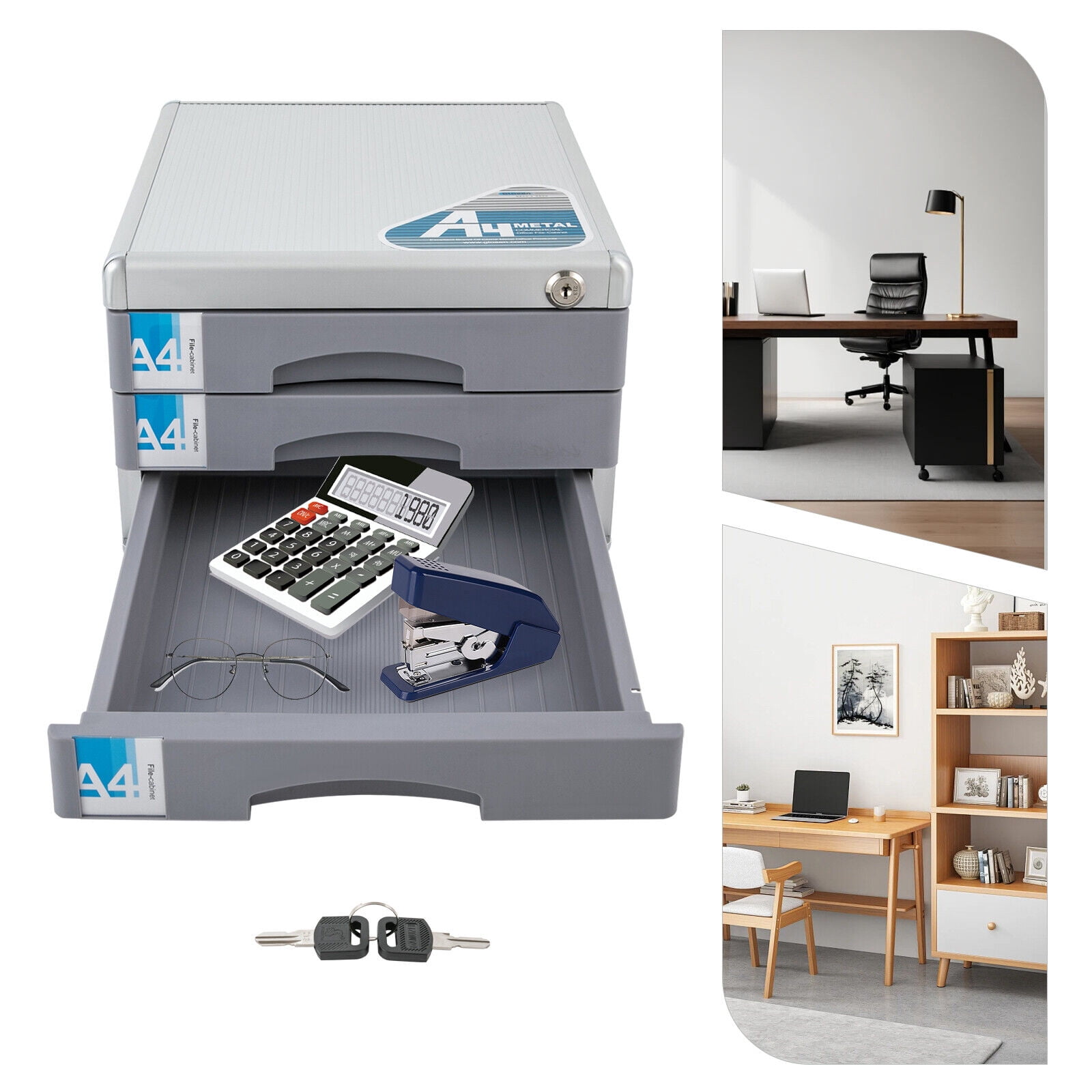 3 Tiers Desktop Drawer Organizer, Aluminum Alloy File Organizer, Lockable Drawer
