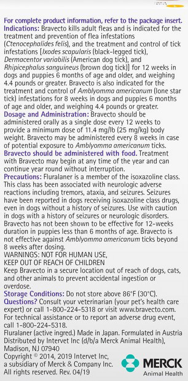 Bravecto (Fluralaner) Chews for Dogs, 4.4-9.9 lbs, (Yellow Box)