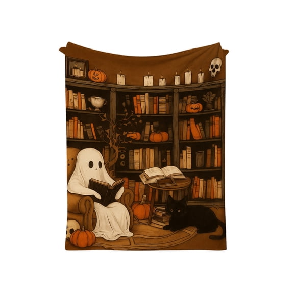 Halloween Flannel Throw Blanket, Vintage Reading Ghost Library Bookshelf Black Cat Pumpkin Soft Cozy Blanket, Halloween Decorations for Sofa, Bed, Bedroom, Halloween Party, Fall Home Decor, S