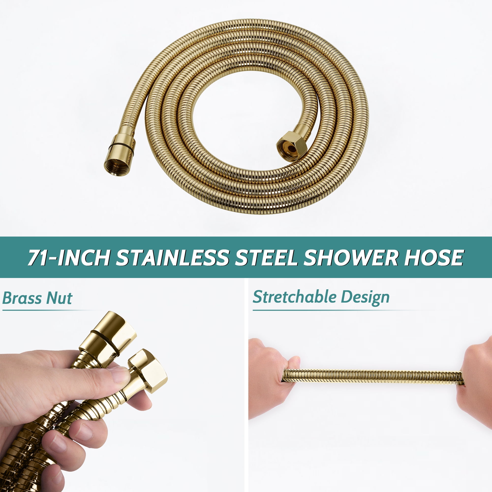 All Metal Dual Square Shower Head Combo, Rain Shower Head with Handheld Shower Wand and Extra Long Flexible Hose (Polished Brass)