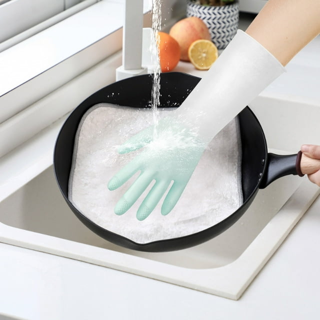 Guantes de cocina reutilizables de goma para lavar platos, guantes de limpieza para cocina y baño, antideslizantes, con agarre, largos, con forro flocado, flexibles, resistentes al agua.