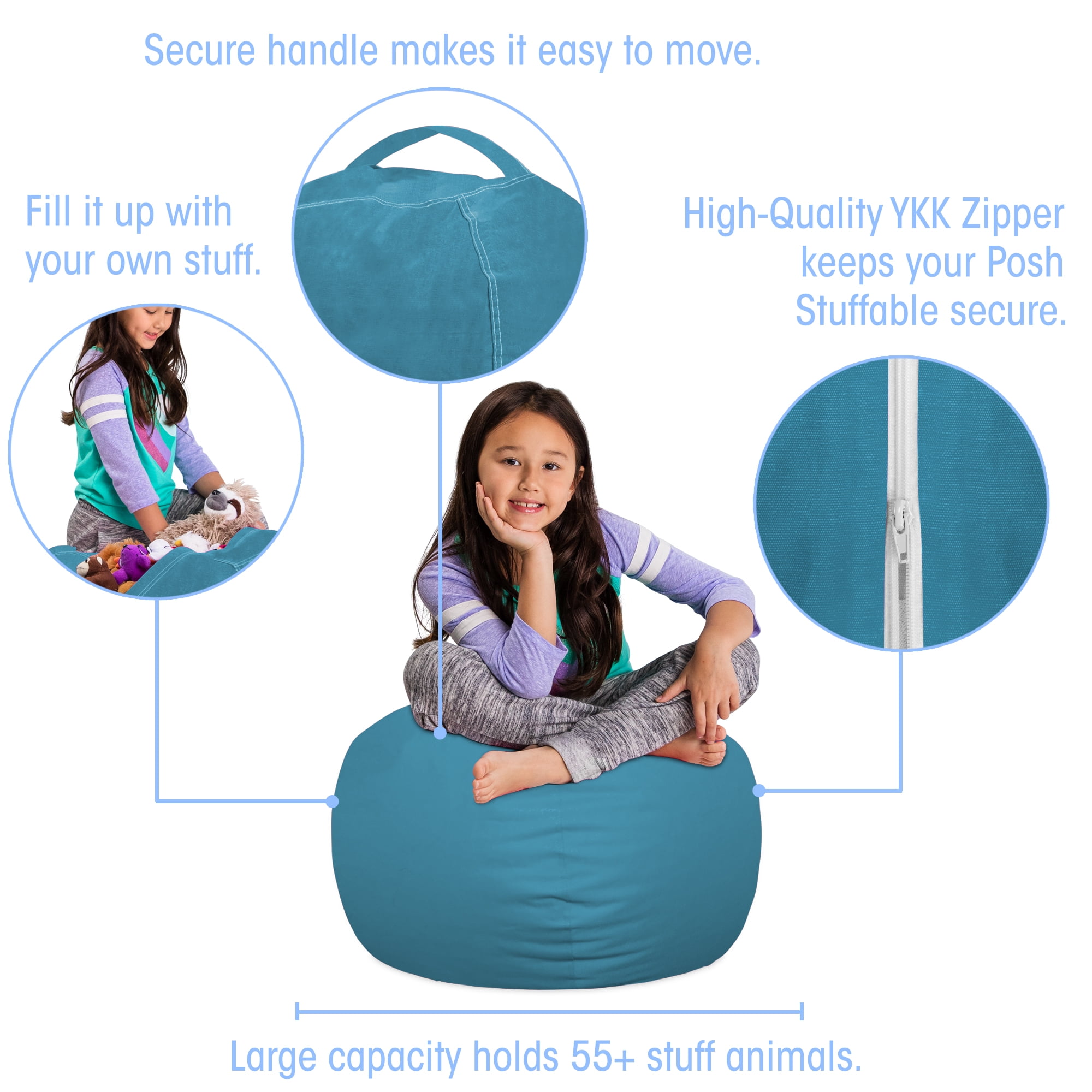 Posh Creations Bean Bag Stuffable Cover - Toy Organizer, Soft Cover, Kids, 2.25 ft, Heather Teal
