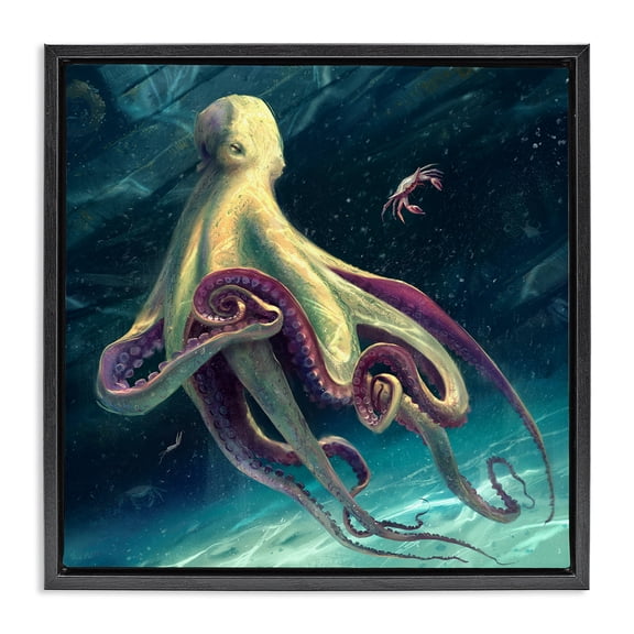 Stupell Industries Contemporary Deep Water Octopus Black Floating Frame Canvas Art, 18 x 18, by Vlad Mel