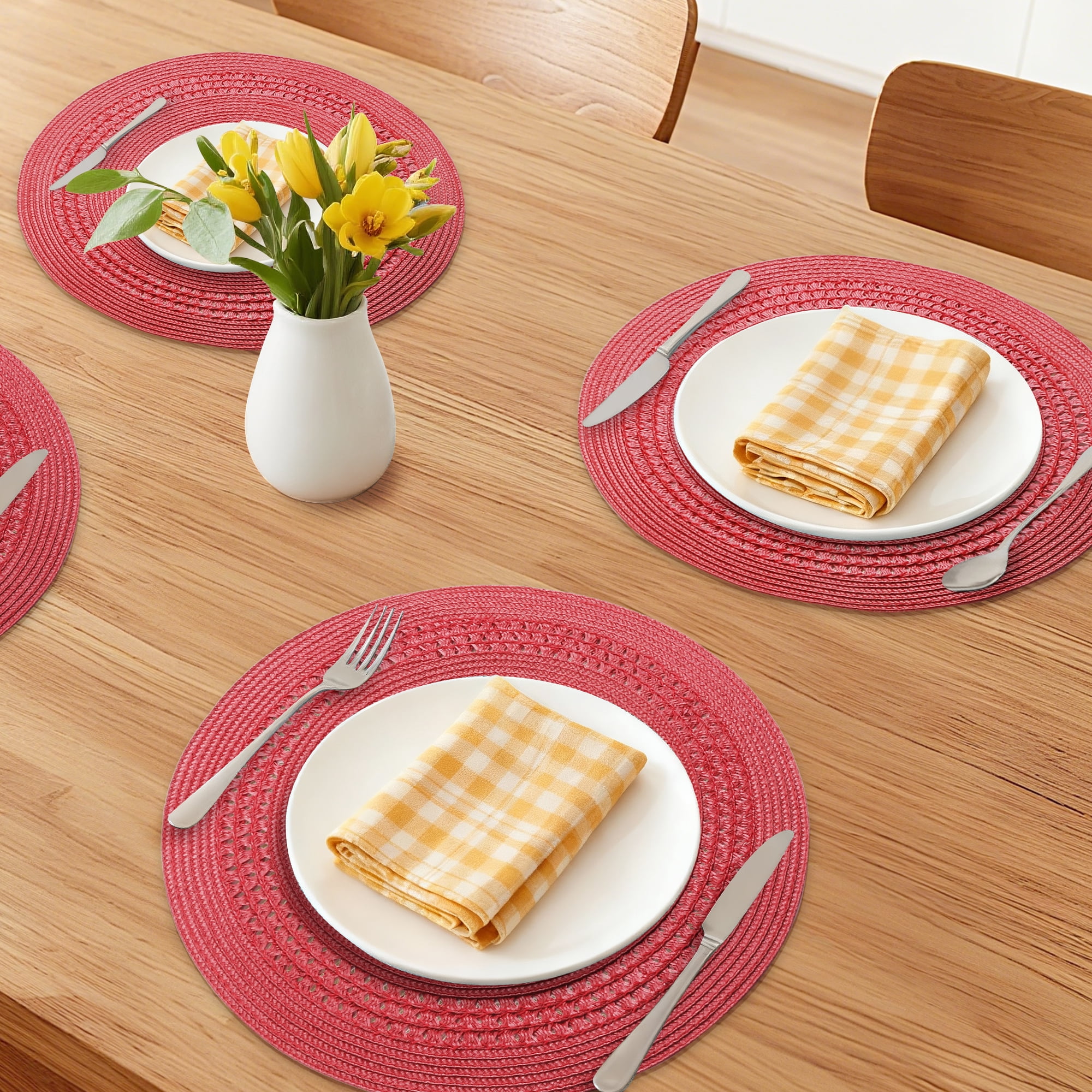 Unique Bargains Farmhouse Round Placemats Set of 6 Woven Placemats Red