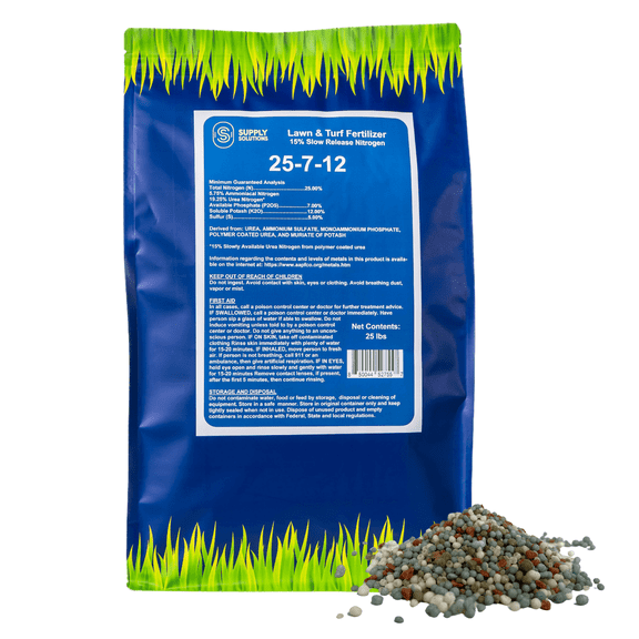 Supply Solutions 25-7-12 Lawn and Turf Fertilizer 15% Slow Release Nitrogen - Supply Nutrients for Lawn Grass and Garden Plants for Greener Look (25lbs)