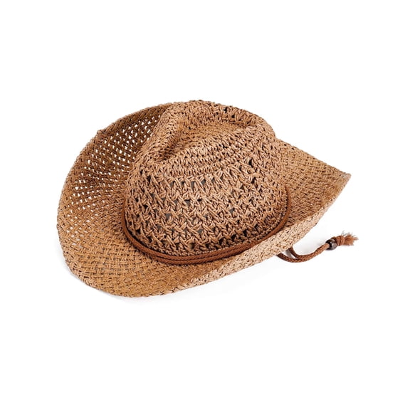 Gustave Western Straw Cowboy Hat for Women Men Wide Brim Beach Sun Hat Summer Fedora Cowgirl Hat with Windproof Chin Strap - Khaki