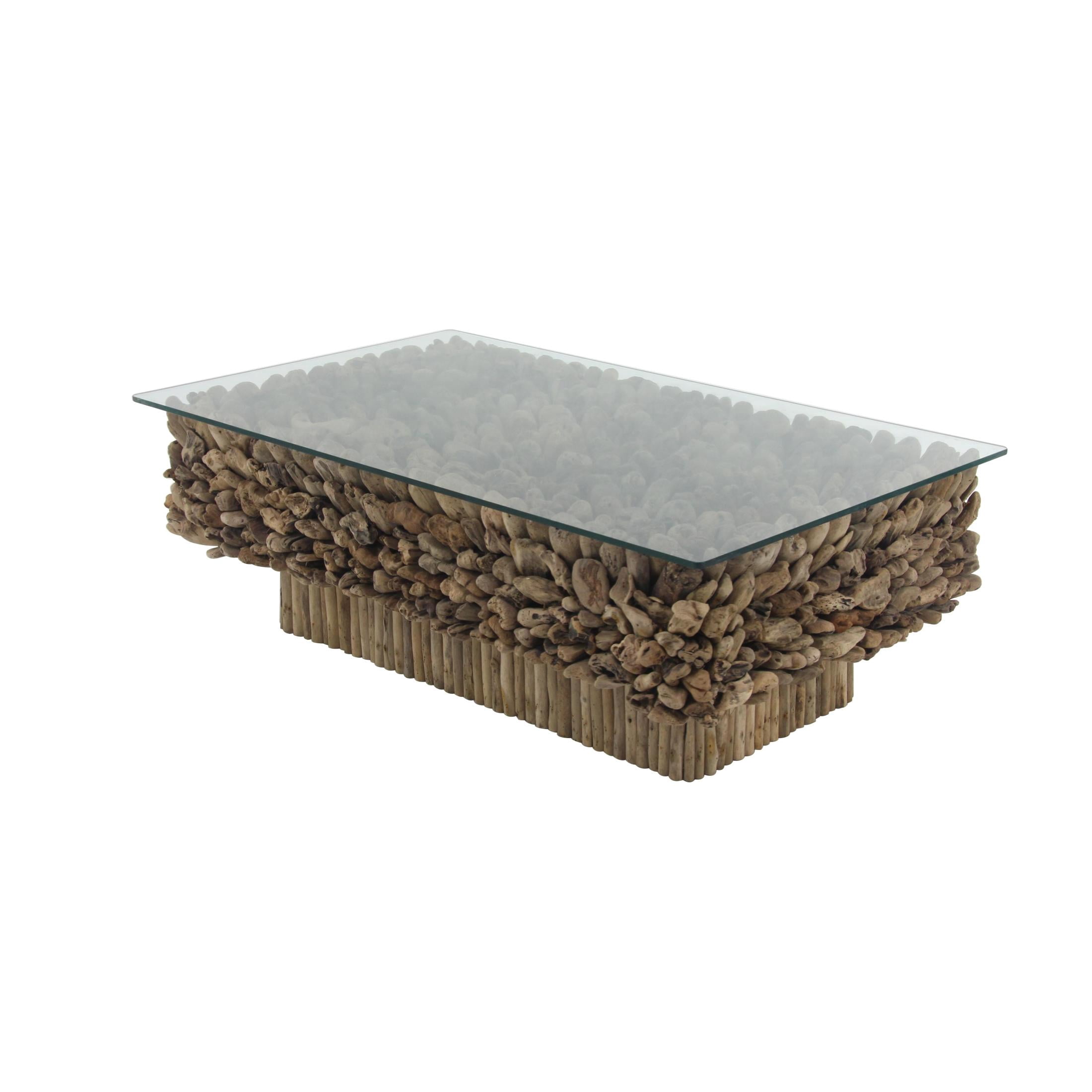 DecMode 49" x 17" Brown Driftwood Handmade Stacked Collage Coffee Table with Tempered Glass Top and Pedestal Base, 1-Piece