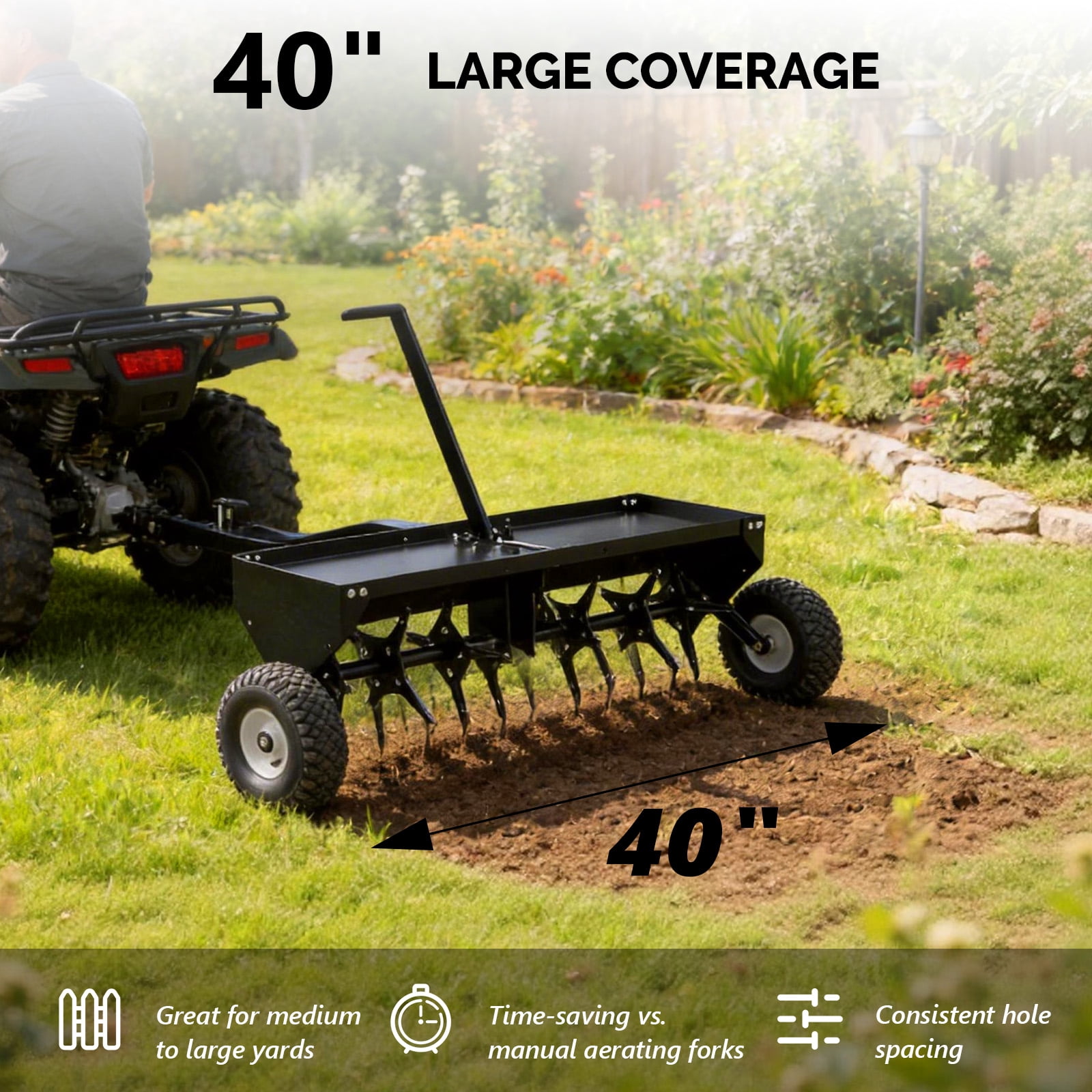 Zimtown 40" Tow Plug Lawn Aerator with Universal Hitch, Lawn Aerator Tow Behind with Tray and Inflatable Wheels for Garden Farm Lawn, Black