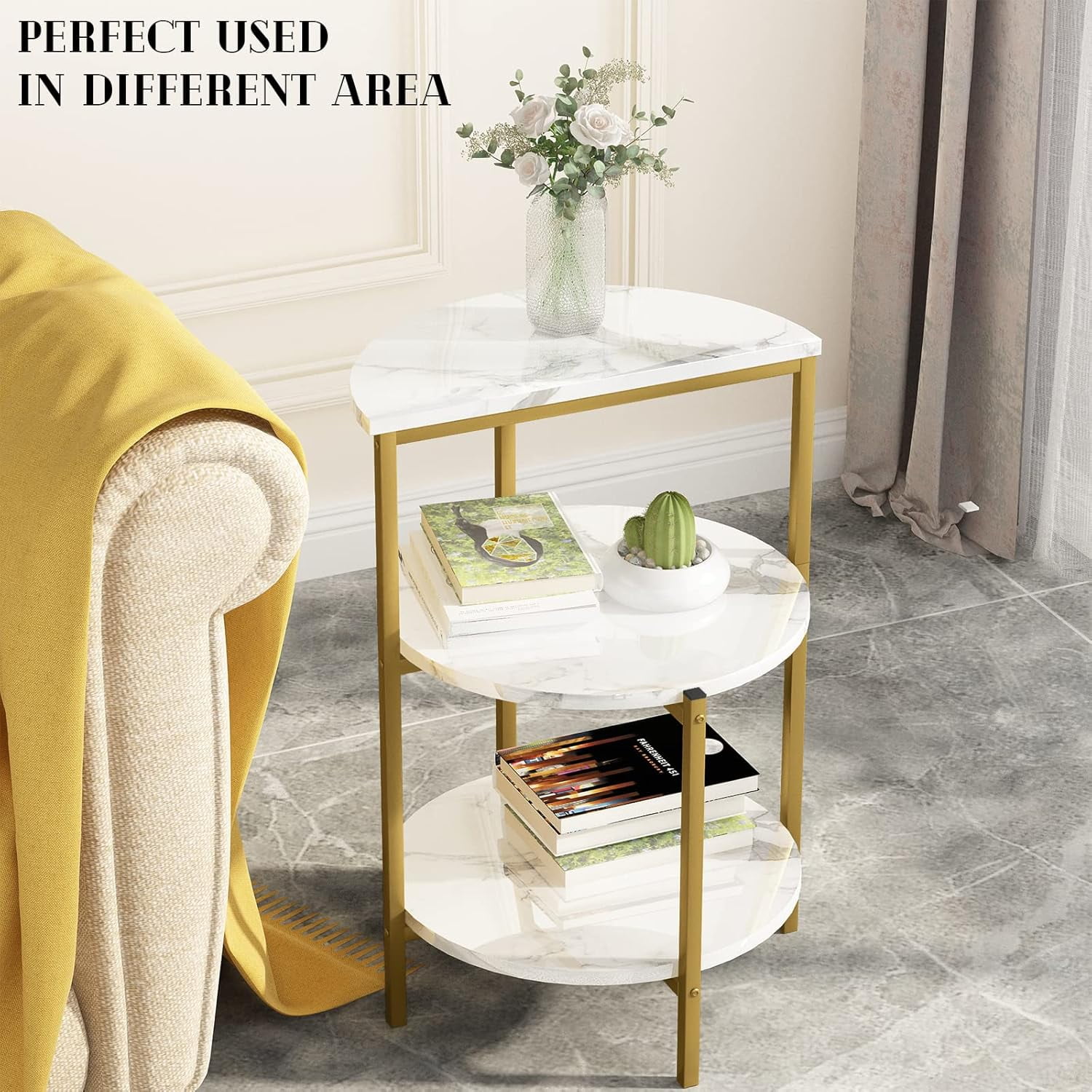 Cvortll Coffee Table Set of 3, Rectangle Faux Marble Tabletop & 2 Tiered Side Tables, Multi-Level Storage for Living Room（White & Golden）