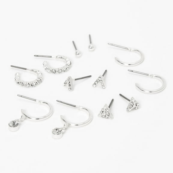 Claire's Silver Embellished Geometric Stud & Hoop Teen Earrings - 6 Pack