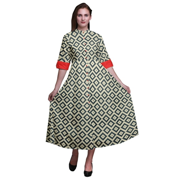 Bimba Geometric Women Casual Shirt Dress Print Party Mid-Calf Swing Dress-Large