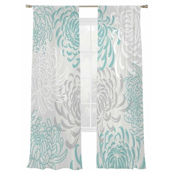 Floral Pattern Sheer Curtains 84 Inch Long 2 Panels, Outline White Indigo Chrysanthemum Graphic Light Filtering Rod Pocket Semi Sheer Curtains, Sheer Voile Drapes for Living Room Bedroom, 52"x84"