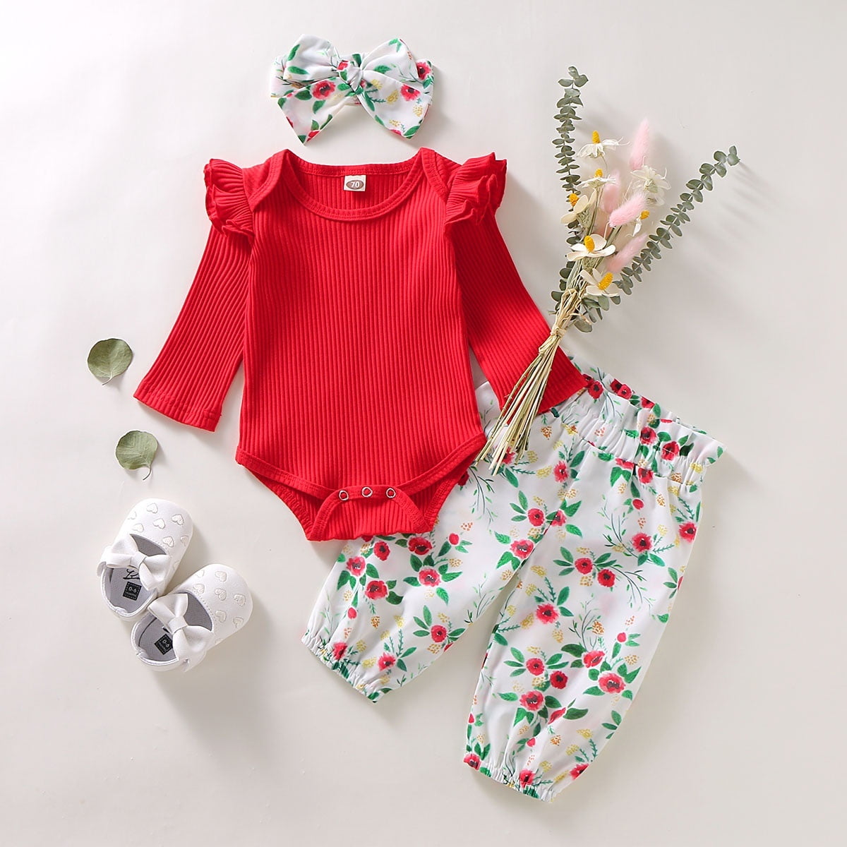 Autumn Newborn Baby Girl Pure Cotton Clothes Set 3Pcs Red Ruffled Long