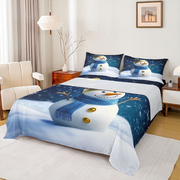 Feelyou Cartoon Blue Snowman Twin Sheet Sets, Dreamy Winter Snowflake Twin Fitted Sheet, Happy New Year Flat Sheet, Microfiber Bedroom Decor, 3 Pieces