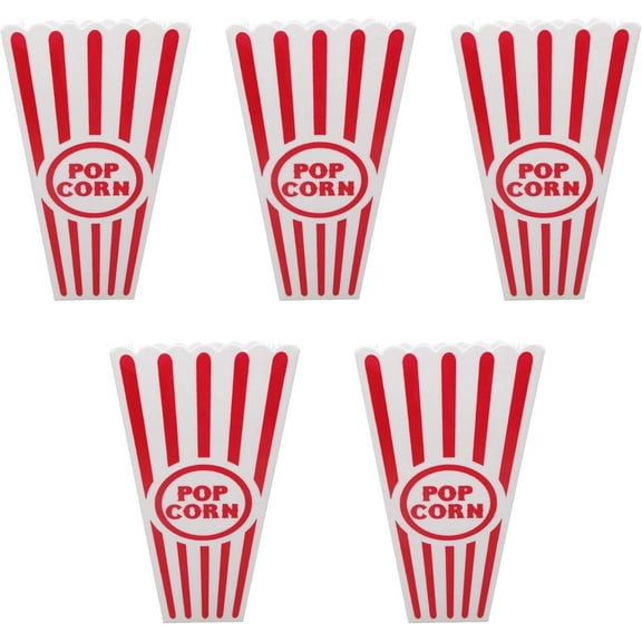 Plastic Popcorn Containers for Movie Nights - Red & White Classy, Vintage Style Buckets - Tall, Reusable Retro Cups for Carnivals - Dishwasher Safe (Pack of 5)