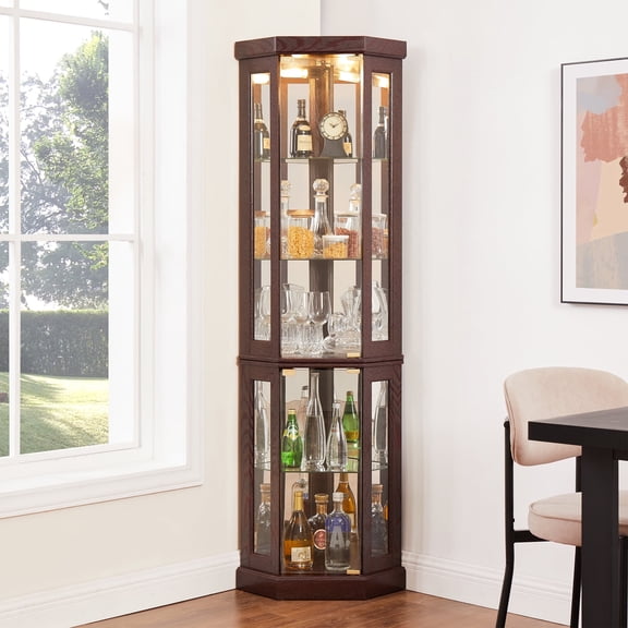 MDQMD Lighted Dark Cherry Corner Cabinet with 3 Adjustable Glass Shelves,Vintage Tall Wooden Storage Cabinet,Curio Display Cabinet for Living Room