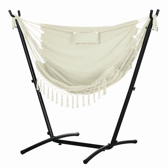 Portable Hammock Chair with Stand, Cream White Hanging Swing Seat with Storage Pocket & Headrest
