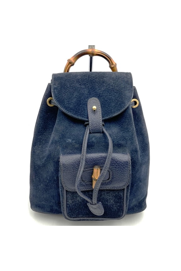 Pre-Owned GUCCI Old Gucci Bamboo Backpack, Suede Leather, Navy, Daypack, Women's
