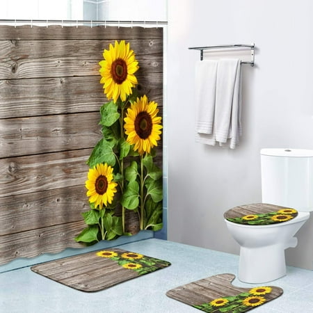 ZHANZZK Sunflowers Wooden Board 4 Piece Bathroom Set Shower Curtain Bath Rug Contour Mat and Toilet Lid Cover