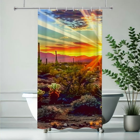 RKSupls Desert Sunset Cactus Polyester Shower Curtain with Hooks for Chic Elegant Waterproof Shower Curtain Home Bathtub Bathroom Decor Washable