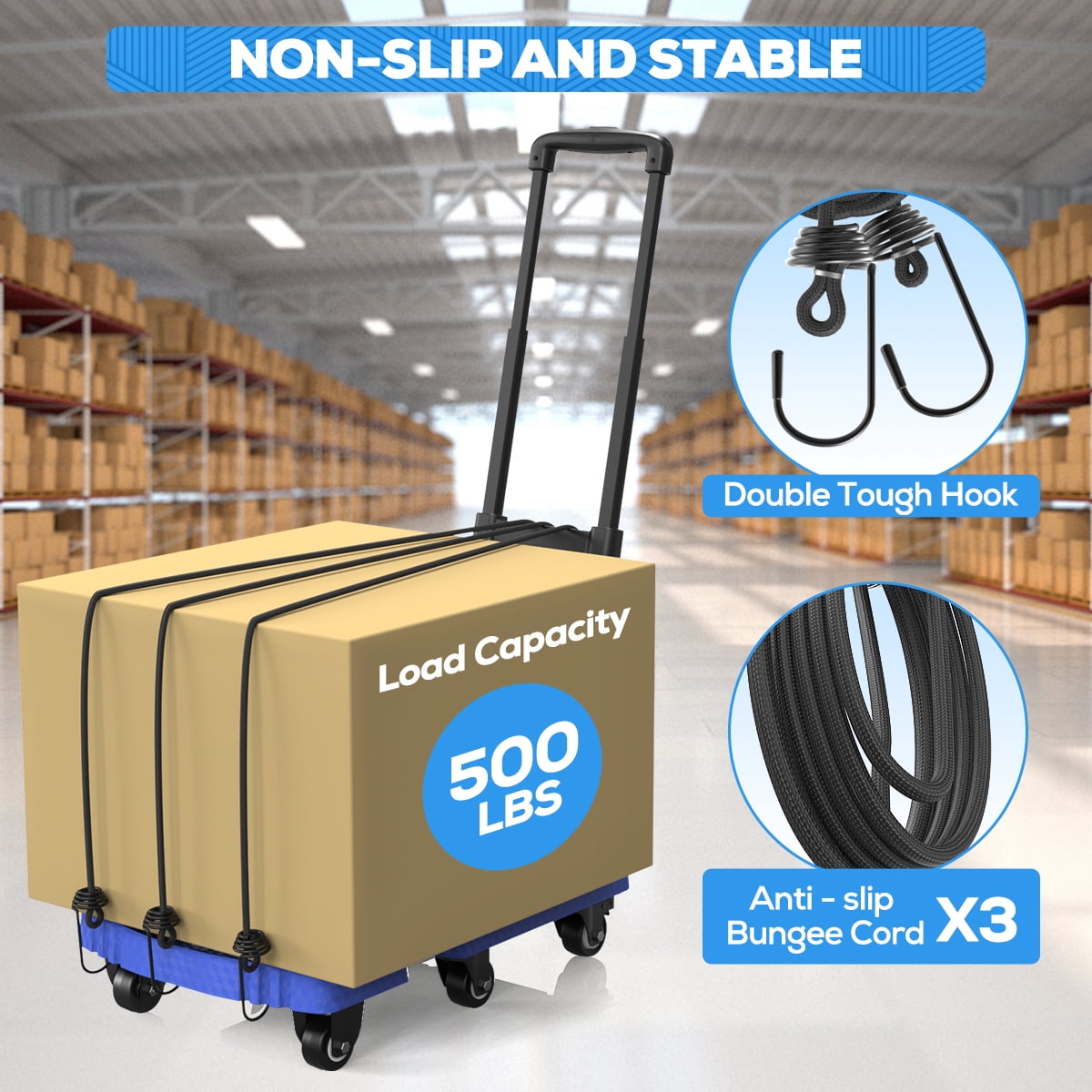 TNTANTS Folding Hand Truck, 500 LB Heavy Duty Portable Dolly Cart, 6 Wheels Collapsible Luggage Trolley with 3 Elastic Ropes, Hand Cart for Travel, Moving, Shopping, Blue