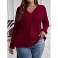 thumbnail image 4 of Women'S Plus Size Tops Trendy V Neck Casual Long Sleeve Shirts Knit Sweaters Wine Red XL, 4 of 7