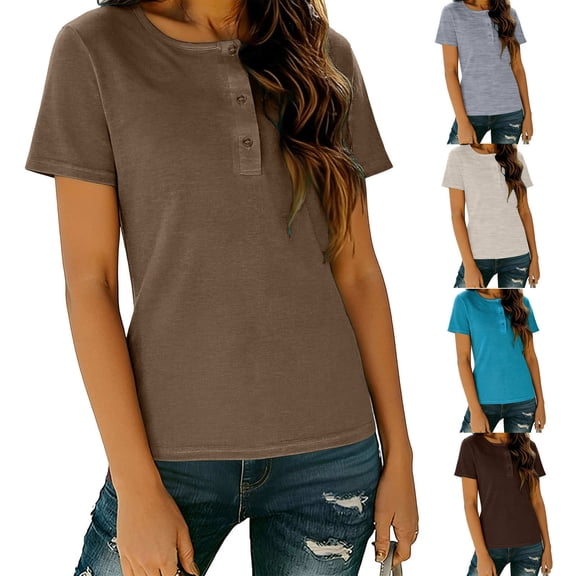 Women Tops Fashion Sawvnm Women's Fashion Multi-Color Ribbed Casual Short-Sleeve Crew Neck T-Shirt Top Button T-shirt Tshirts for Women Coffee XL