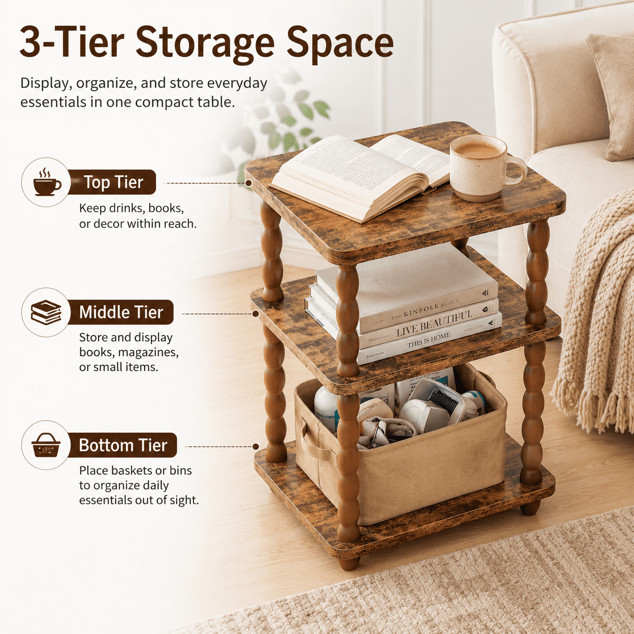 MEHOOM 3-Tier Side Table, Nightstand with Storage, Vintage Accent Table Small End Table for Living Room and Bedroom