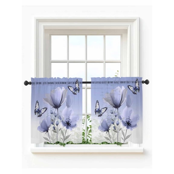 Spring Tulip Tier Curtains 36 Inch Length,Sheer Curtains for Bedroom Living Room,Watercolor Purple Flowers Butterfly Plants Rod Pocket Voile Drapes Kitchen Curtains Small Window 27.5"x36" 2 Panels