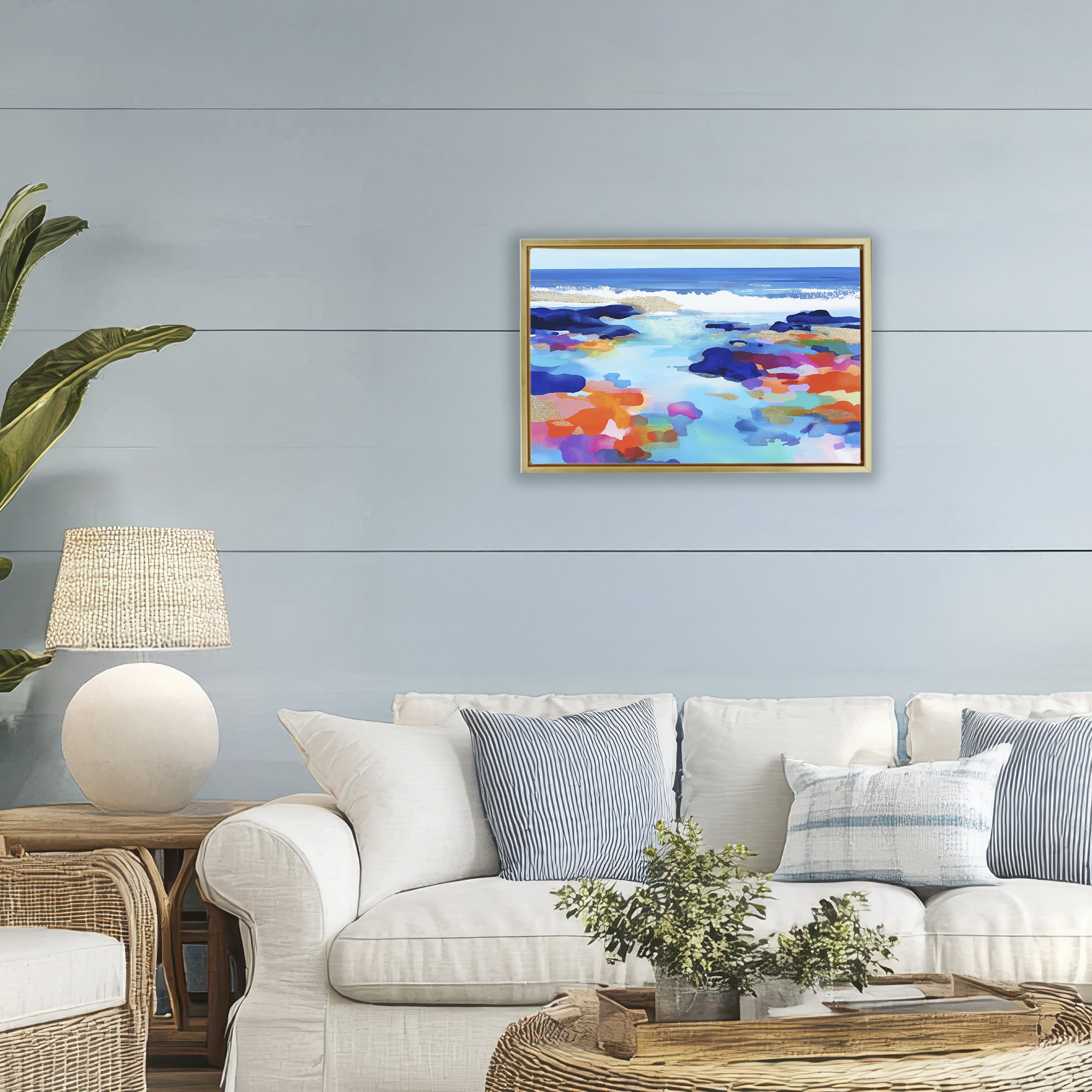 Stupell Industries Coastal Pools Overlay Abstraction Gold Framed Floater Canvas Wall Art, design by Chromatic Storm Studio