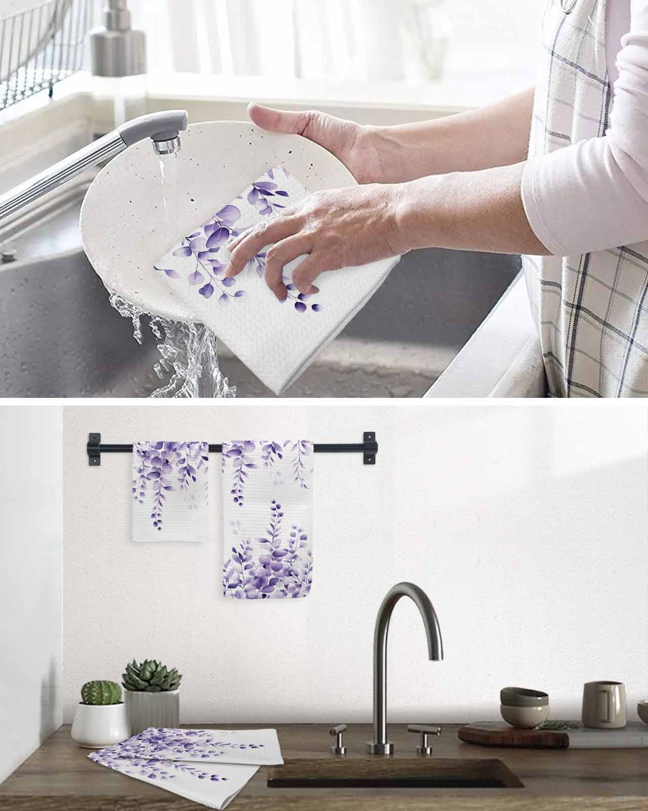 Purple Eucalyptus Dish Towels Set, Waffle Weave Kitchen Towels 4 Pieces, Botanical Plant Rustic Branch Floral Microfiber Hair Face Bath Tea Towel Absorbent Quick Drying Cleaning Dish Cloths 12"x12"