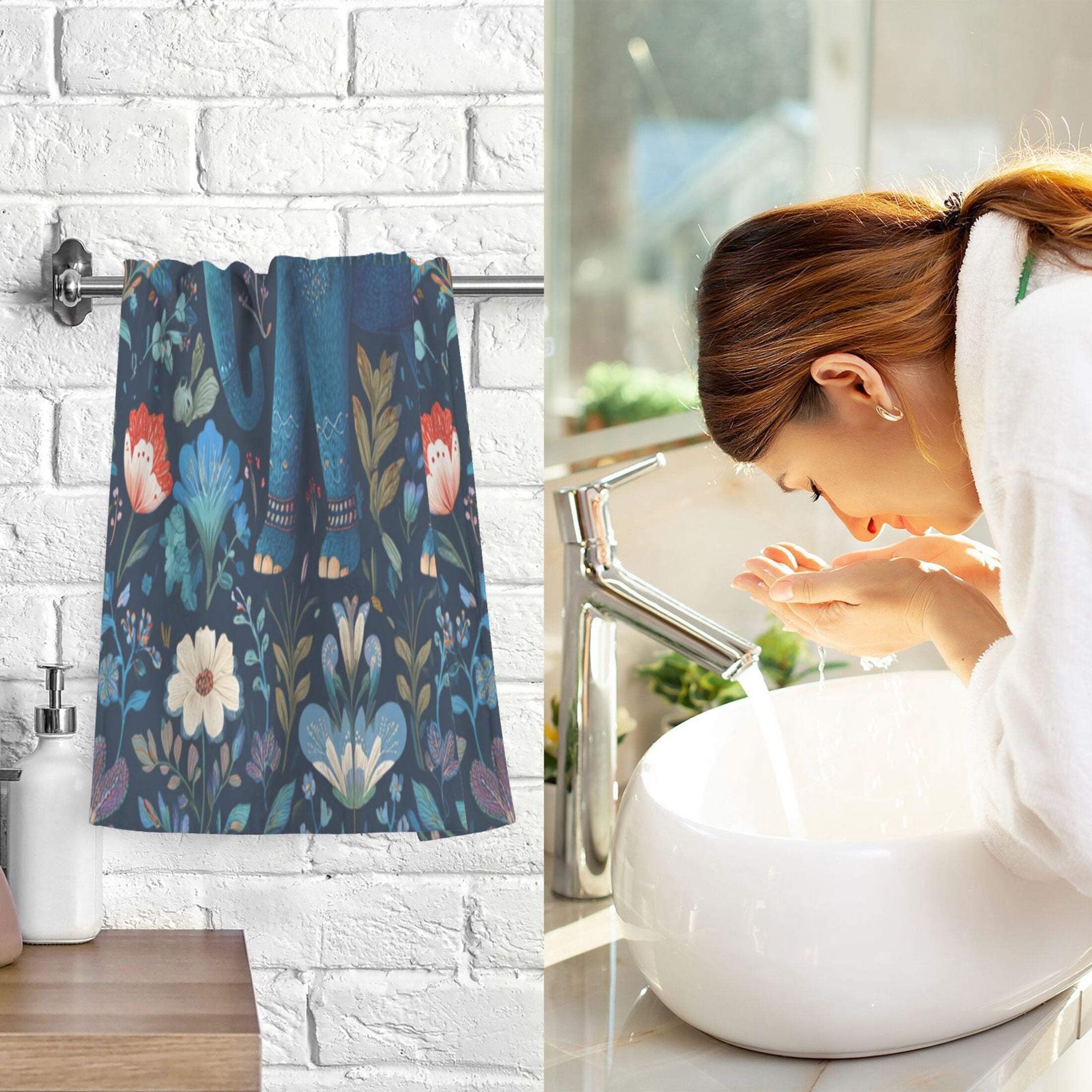 2 Pieces of Cotton Towel Face Towel Set Hand Towel Bath Towel Cotton Bath Towel Sets Cartoon Blue Elephant