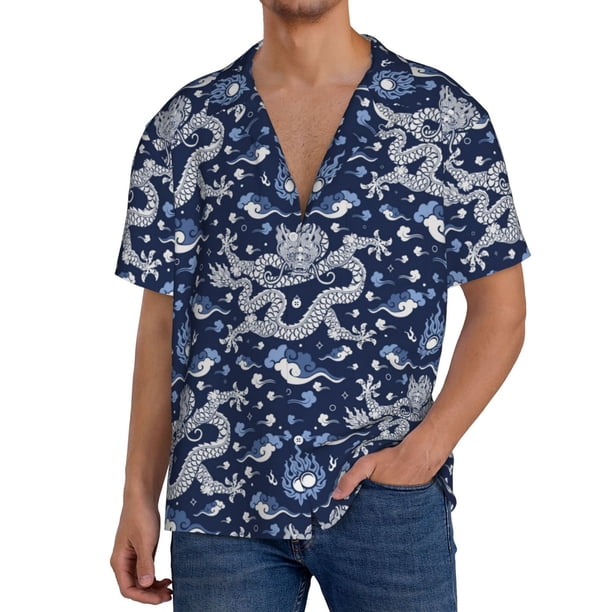 Fotbe Dragon Camisa Estampada de Manga Corta para Hombre, Casual de Verano, Estilo Playero, Sin Arrugas-Small