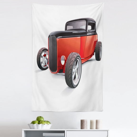 Cars Tapestry, Nostalgia Red Hot Rod American Culture Retro Revival Classics Collector's Car, Fabric Wall Hanging Decor for Bedroom Living Room Dorm, 5 Sizes, Red Black White, by Ambesonne