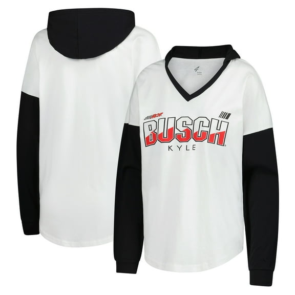 Women's G-III 4Her by Carl Banks  White/Black Kyle Busch Bench Player Oversized Long Sleeve Hoodie V-Neck T-Shirt