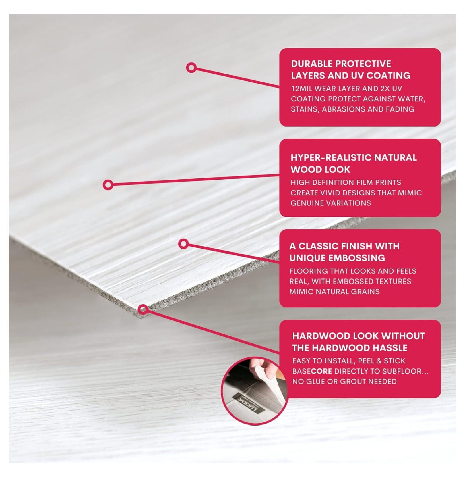 Luxury Vinyl Floor Tiles-Peel & Stick Adhesive Flooring for DIY Installation-36 Wood-Look Planks-BaseCore-54 Sq. Feet