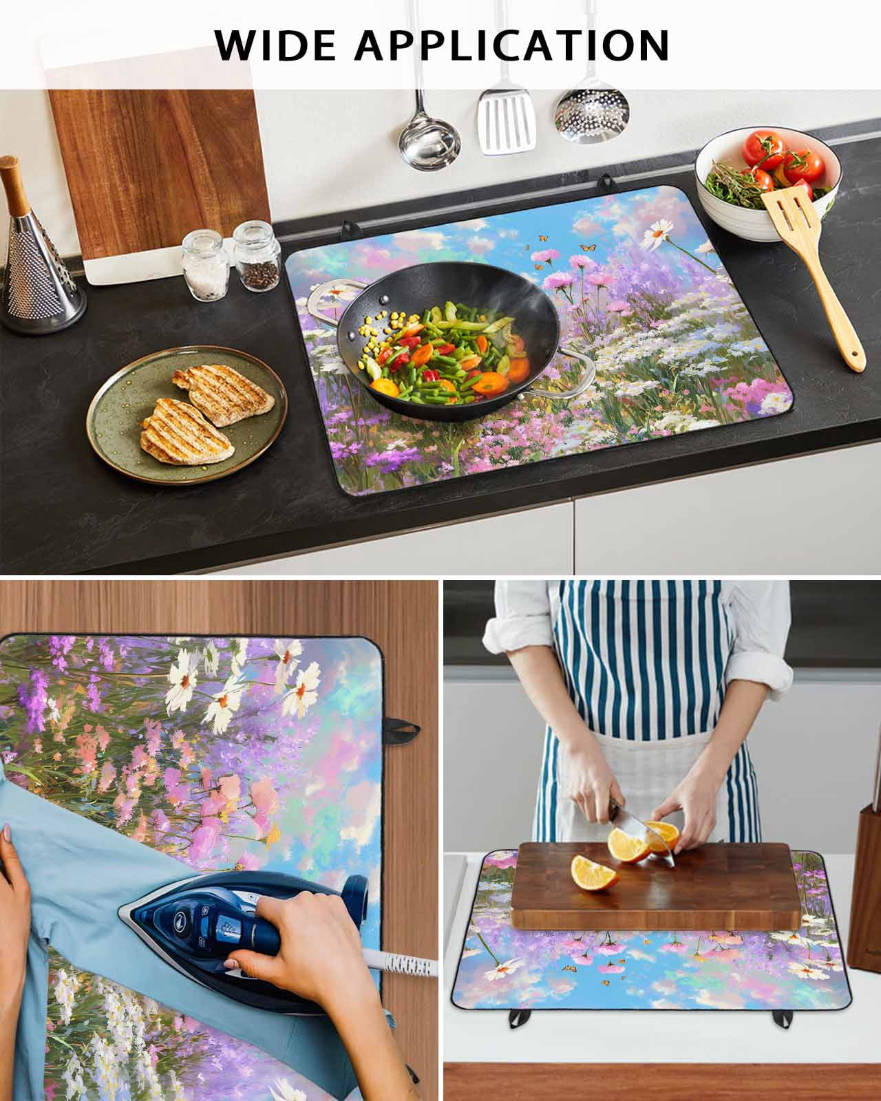 Large Induction Cooktop Protector Mat Wildflowers Stove Top Covers for Electric Stove, Spring Country Oil Painting Floral Plant Decorative Stove Burner Cover Mats, Glass Top Stove Cover